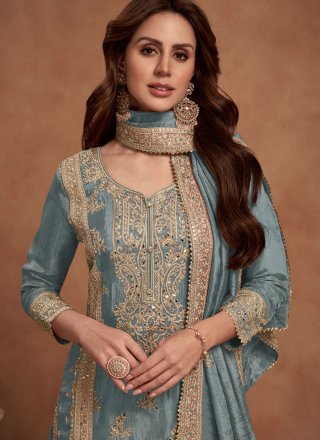 Grey Shimmer Buttons, Embroidered and Mirror Work Readymade Salwar Suit