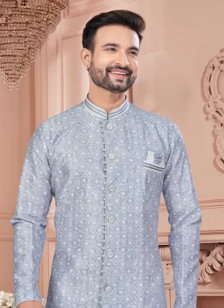 Grey Silk Buttons, Digital Print, Machine Embroidery, Stone and Thread Work Indo Western Sherwani