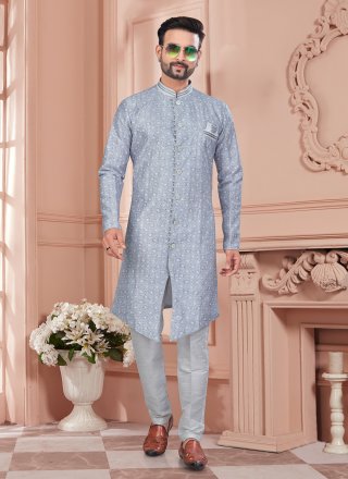 Grey Silk Buttons, Digital Print, Machine Embroidery, Stone and Thread Work Indo Western Sherwani