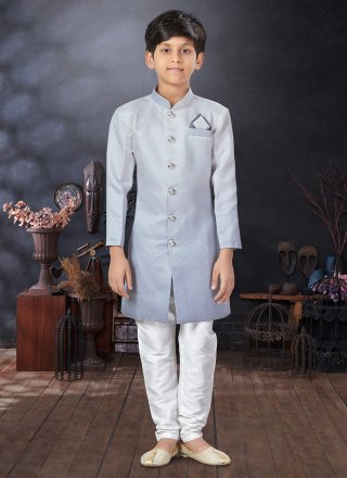 Grey Silk Buttons, Fancy and Print Work Indo Western for Ceremonial