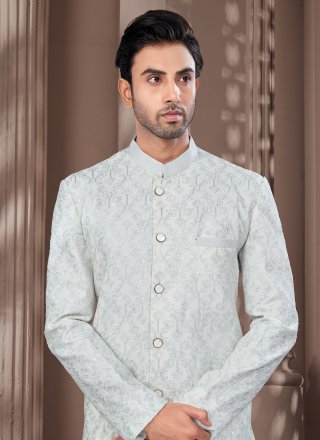 Grey Silk Buttons, Machine Embroidery, Stone and Thread Work Indo Western for Men