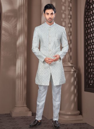 Grey Silk Buttons, Machine Embroidery, Stone and Thread Work Indo Western for Men