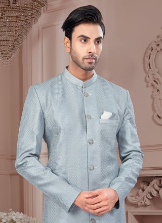Grey Silk Buttons, Machine Embroidery, Stone and Thread Work Indo Western Sherwani for Ceremonial