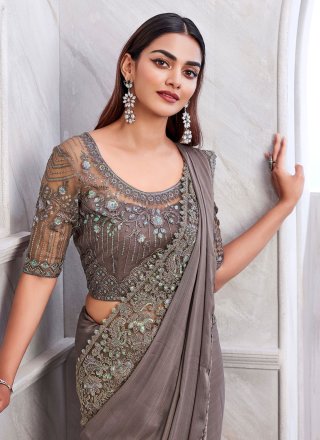 Grey Silk Contemporary Saree with Patch Border and Embroidered Work
