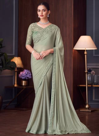 Grey Silk Designer Sari with Embroidered Work for Women