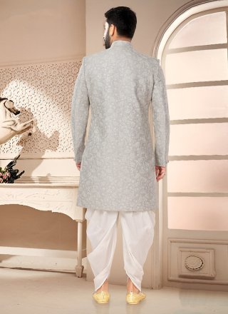 Grey Silk Embroidered and Sequins Work Sherwani Mens Wear