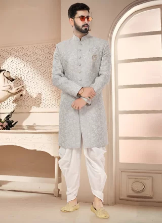 Grey Silk Embroidered and Sequins Work Sherwani Mens Wear