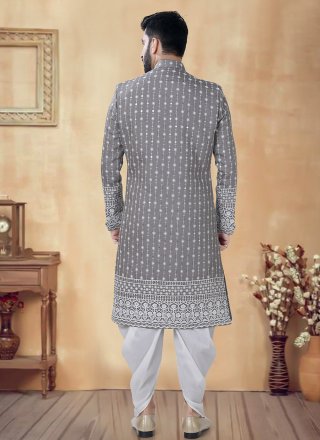 Grey Silk Embroidered, Sequins and Thread Work Sherwani Mens Wear for Ceremonial