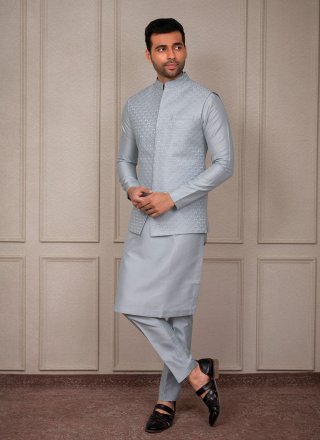 Grey Silk Embroidered Work Kurta Payjama with Jacket for Ceremonial