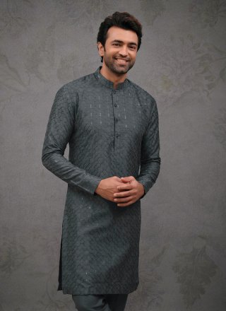 Grey Silk Embroidered Work Kurta Pyjama