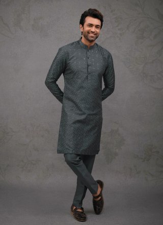 Grey Silk Embroidered Work Kurta Pyjama
