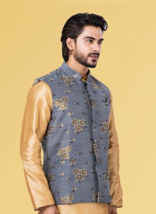 Grey Silk Jacquard Work Nehru Jackets