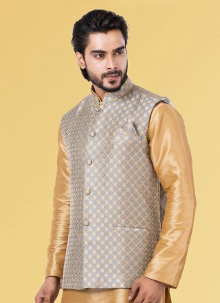 Grey Silk Nehru Jackets with Jacquard Work for Men