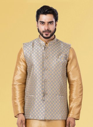 Grey Silk Nehru Jackets with Jacquard Work for Men