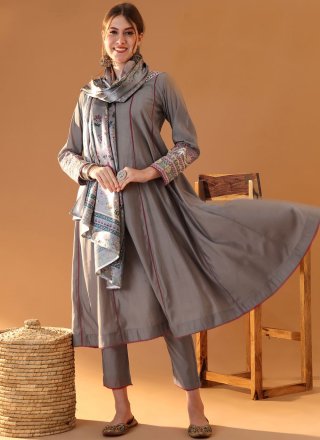 Grey Silk Pant Style Suit with Lace Work for Women