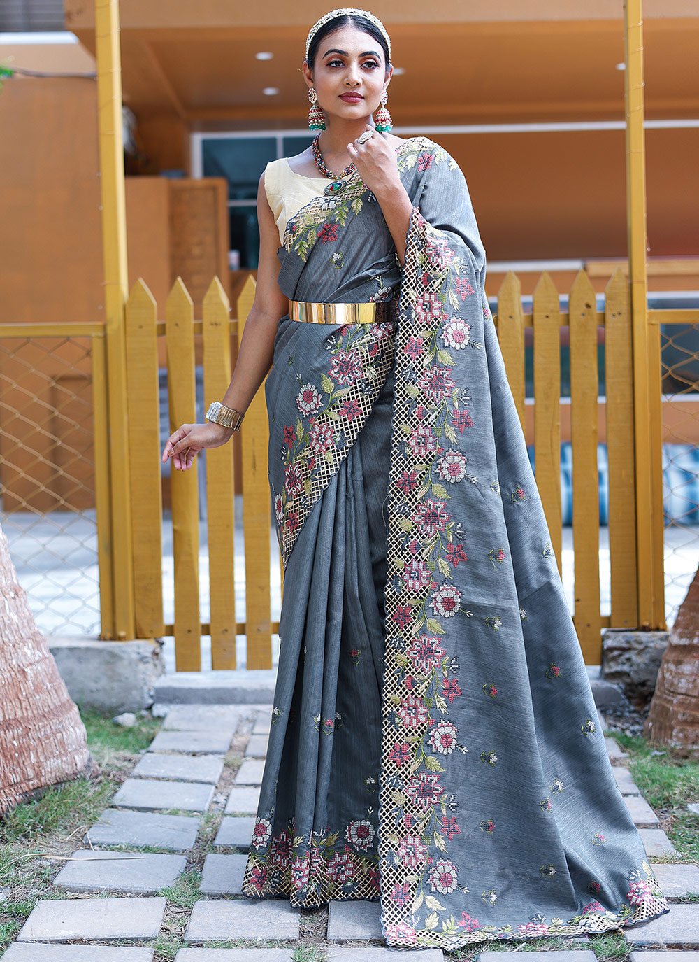 Buy Grey Banarasi Silk Festival Wear Weaving Saree Online From Wholesale  Salwar.