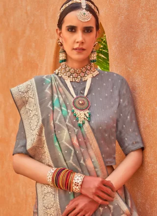 Grey Silk Trendy Saree with Foil Print Work for Ceremonial