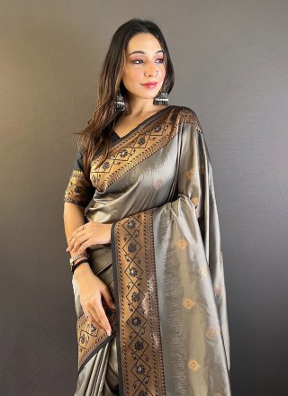 Grey Silk Weaving Work Contemporary Sari for Engagement