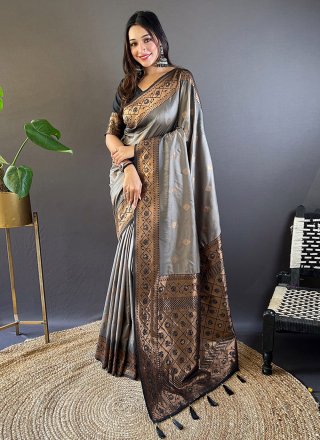 Grey Silk Weaving Work Contemporary Sari for Engagement