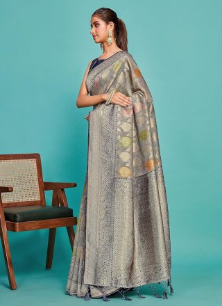 Grey Silk Weaving Work Designer Sari for Party