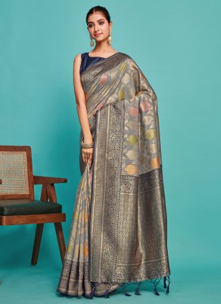Grey Silk Weaving Work Designer Sari for Party