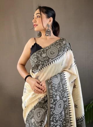 Grey Tussar Silk Classic Saree with Print Work for Women