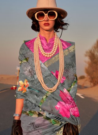 Grey Tussar Silk Classic Sari with Print Work for Women