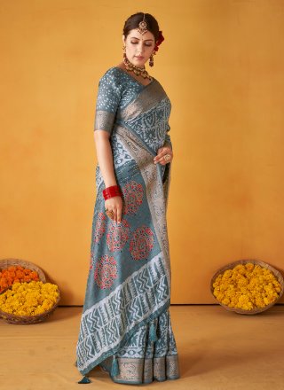 Grey Tussar Silk Jacquard, Print and Woven Work Contemporary Saree