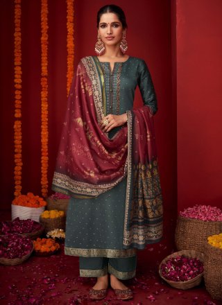Grey Viscose Embroidered Work Trendy Suit for Ceremonial