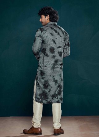 Grey Viscose Kurta Pyjama with Embroidered and Sequins Work for Men
