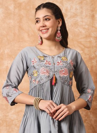 Grey Viscose Salwar Suit with Embroidered Work