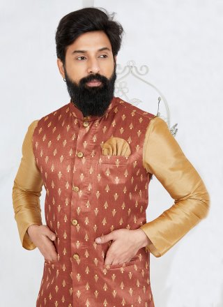 Gripping Brown Banarasi Silk Nehru Jackets