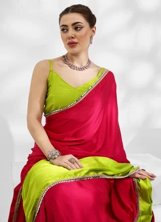 Groovy Green and Pink Silk Trendy Saree with Lace Work