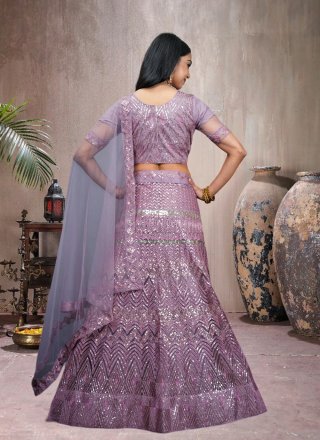 Groovy Purple Net A - Line Lehenga Choli with Embroidered, Sequins and Thread Work