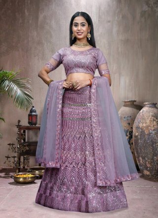 Groovy Purple Net A - Line Lehenga Choli with Embroidered, Sequins and Thread Work