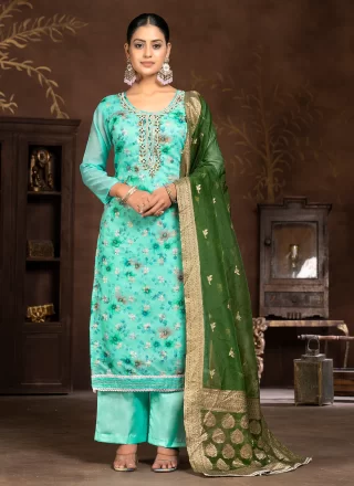 Hand and Print Work Art Silk Salwar Suit In Aqua Blue