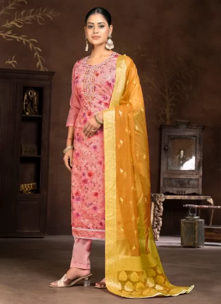 Hand and Print Work Art Silk Trendy Suit In Pink for Ceremonial