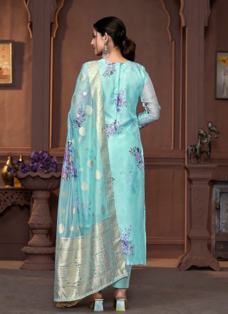 Hand and Print Work Organza Pant Style Suit In Blue