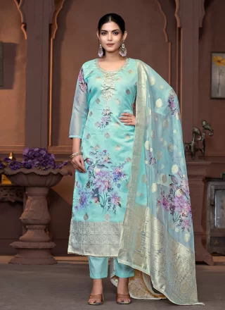 Hand and Print Work Organza Pant Style Suit In Blue