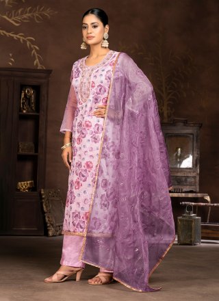 Hand and Print Work Organza Salwar Suit In Purple