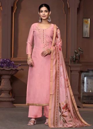 Hand and Woven Work Modal Pant Style Suit In Pink