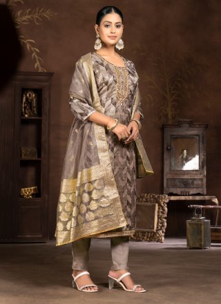 Hand and Woven Work Organza Salwar Suit In Brown