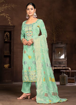 Hand and Woven Work Organza Salwar Suit In Green