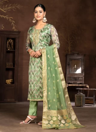 Hand and Woven Work Organza Salwar Suit In Green