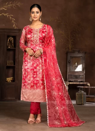 Hand and Woven Work Organza Trendy Suit In Red