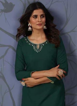 Hand Work Cotton Party Wear Kurti In Green