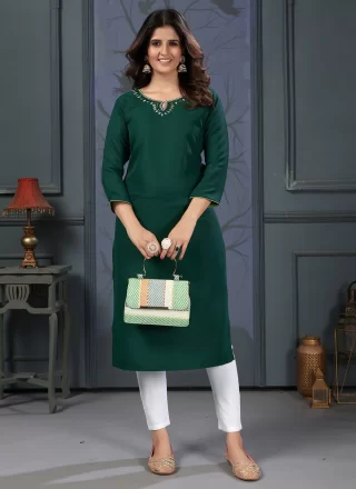 Hand Work Cotton Party Wear Kurti In Green