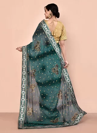 Hand Work Georgette Classic Sari In Blue for Ceremonial