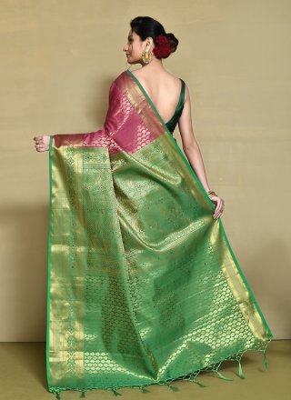 Hand Work Kanjivaram Silk Traditional Saree In Pink