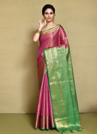 Hand Work Kanjivaram Silk Traditional Saree In Pink